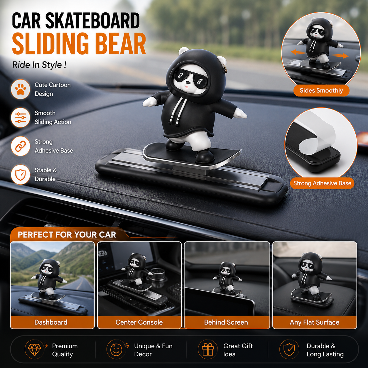 Car Skateboard Sliding Bear Dashboard Ornament – Cute Sliding Bear Car Decoration | Premium Dashboard Decor | Anti-Slip Adhesive Base