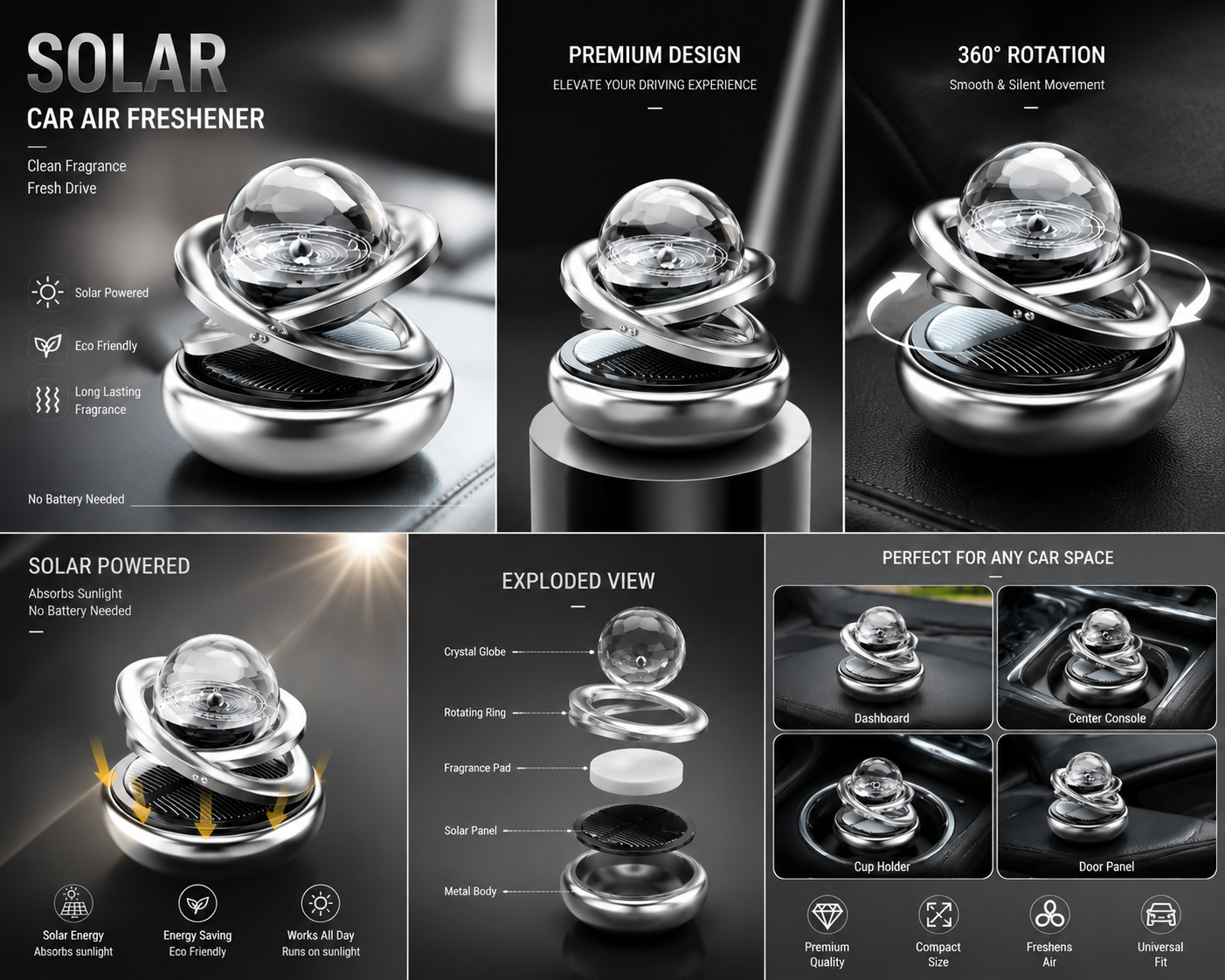 Solar Powered Rotating Car Air Freshener – 360° Auto Rotating Dashboard Perfume | Long Lasting Aromatherapy Fragrance | Premium Metal Design
