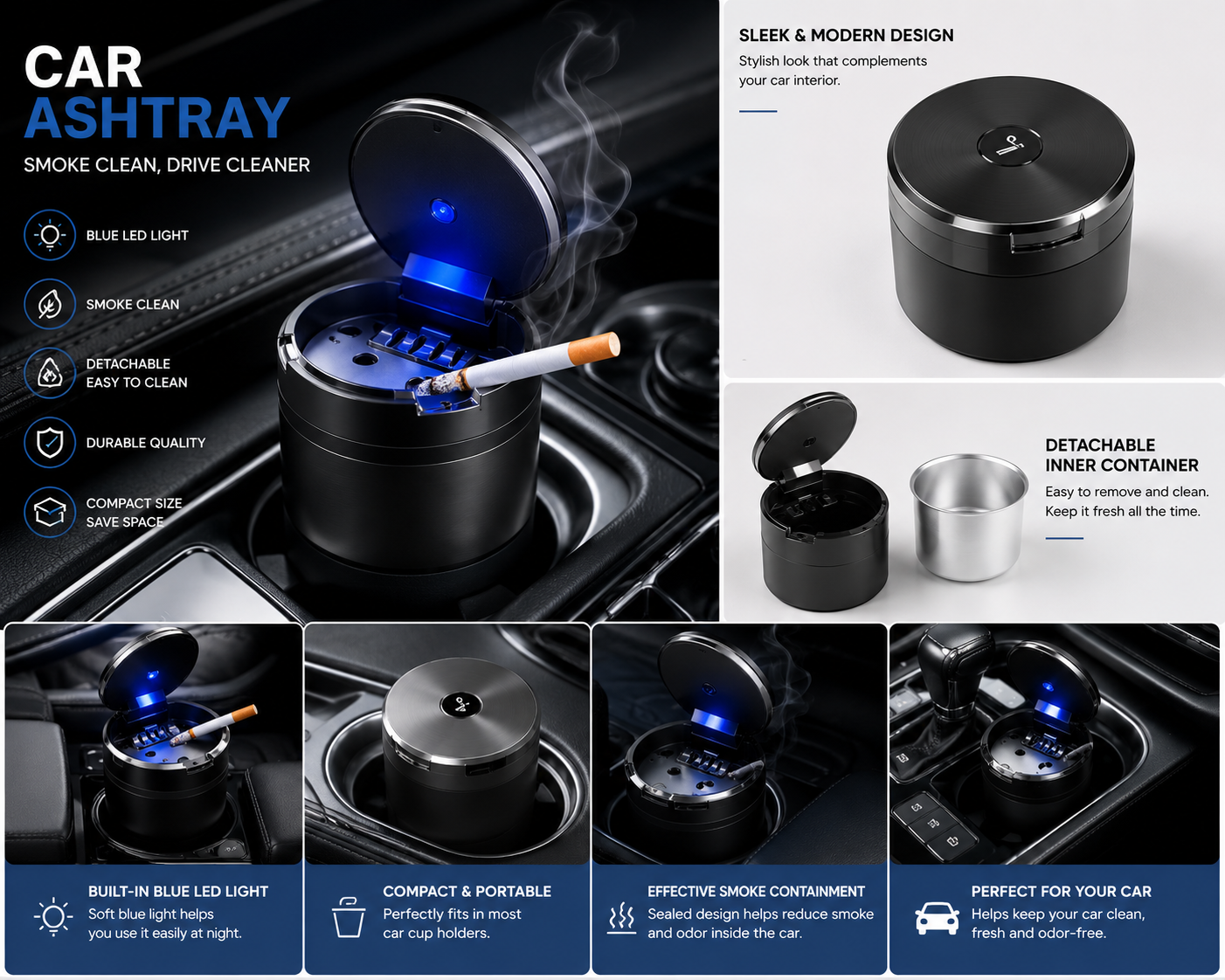 Premium Car Ashtray with Blue LED Light – Smokeless Portable Car Cup Holder Ash Tray | Detachable Inner Cup | Universal Fit | Easy to Clean | Car Interior Accessory