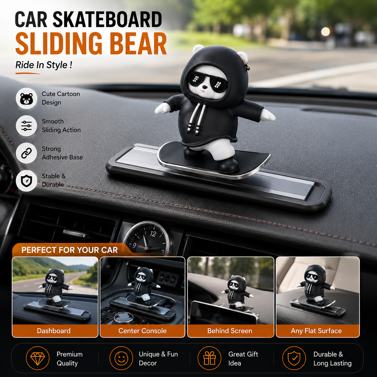 Car Skateboard Sliding Bear Dashboard Ornament – Cute Sliding Bear Car Decoration | Premium Dashboard Decor | Anti-Slip Adhesive Base