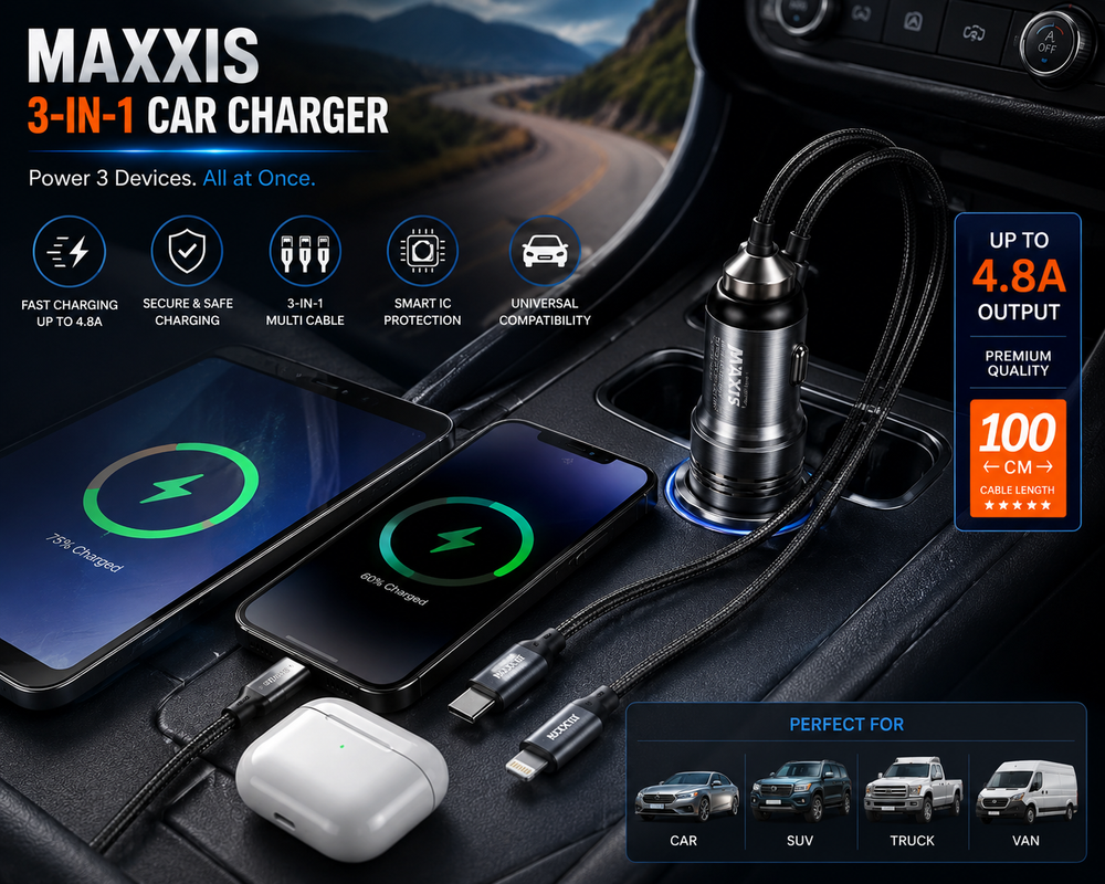 Example3-in-1 Fast Charging Car Charger with Multi Charging Cable – 4.8A Universal USB Car Adapter product