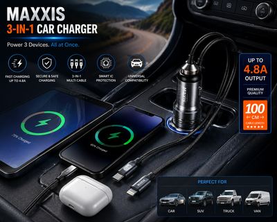 Example3-in-1 Fast Charging Car Charger with Multi Charging Cable – 4.8A Universal USB Car Adapter product