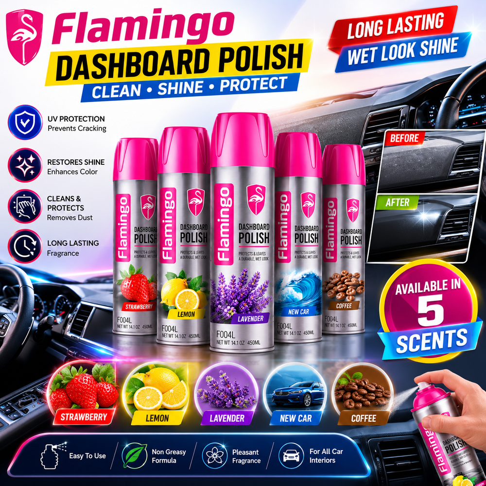 Flamingo Dashboard Polish Spray 450ml – Long Lasting Wet Look Shine, UV Protection & Interior Cleaner (5 Fragrances)