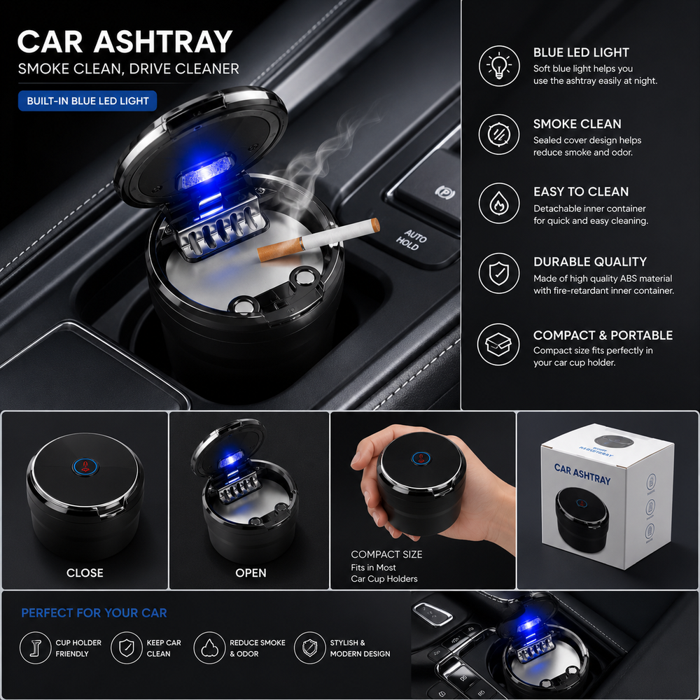 Premium Car Ashtray with Blue LED Light – Smokeless Portable Car Cup Holder Ash Tray | Detachable Inner Cup | Universal Fit | Easy to Clean | Car Interior Accessory