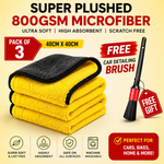 800GSM Premium Microfiber Drying Towels (Pack of 3) 40×40cm – Ultra Soft, Scratch-Free Car Cleaning Cloth + FREE Car Detailing Brush