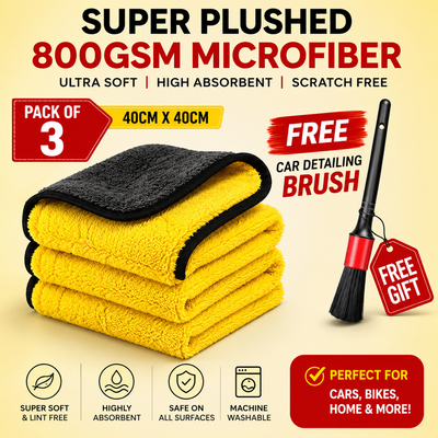 800GSM Premium Microfiber Drying Towels (Pack of 3) 40×40cm – Ultra Soft, Scratch-Free Car Cleaning Cloth + FREE Car Detailing Brush