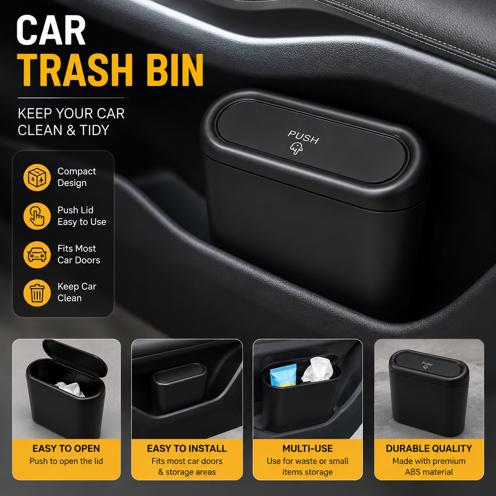 Car Trash Bin with Push Lid – Waterproof Mini Car Garbage Can | Multi-Purpose Car Door Storage Box | Self-Adhesive & Easy to Clean