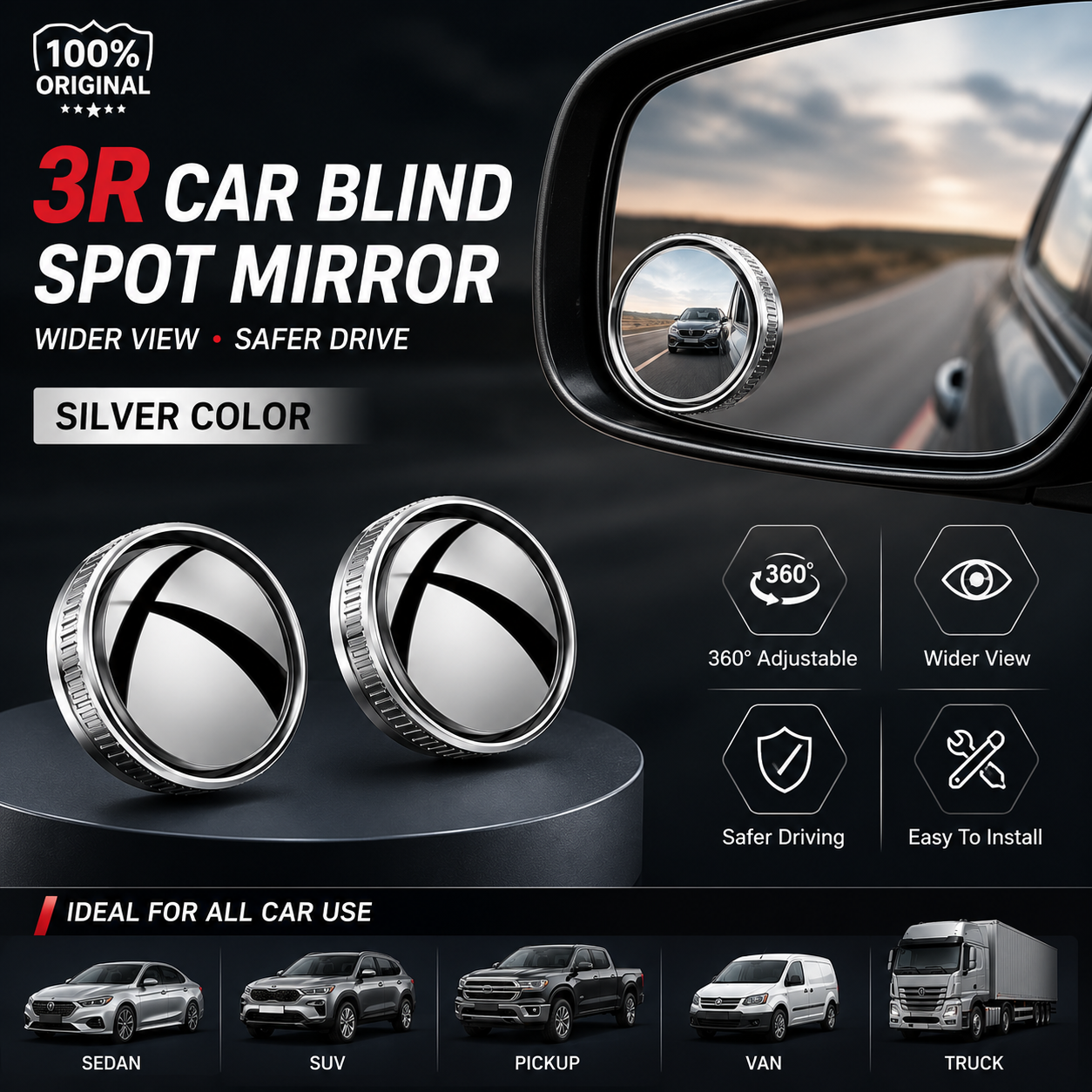 3R 360° Car Blind Spot Mirror Frameless Convex Rear View Mirror Adjustable Wide Angle Side Mirror Waterproof (2 Pcs)