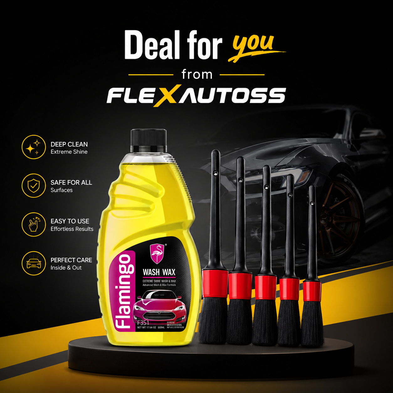 Flamingo Wash Wax + Premium Car Detailing Brush Set | Complete Car Cleaning & Shine Kit