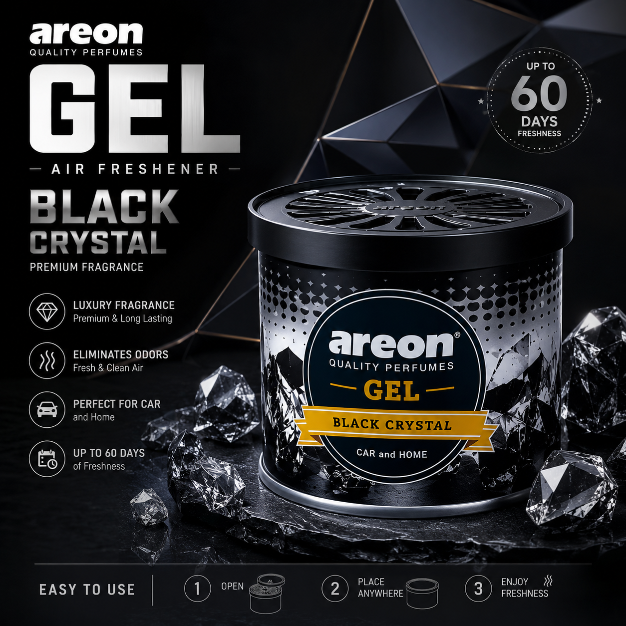 Areon Gel Air Freshener for Car & Home – Long Lasting Premium Gel Fragrance (60 Days) | Black Crystal, Passion, Citrus Squash, Bubble Gum, Peach & Strawberry