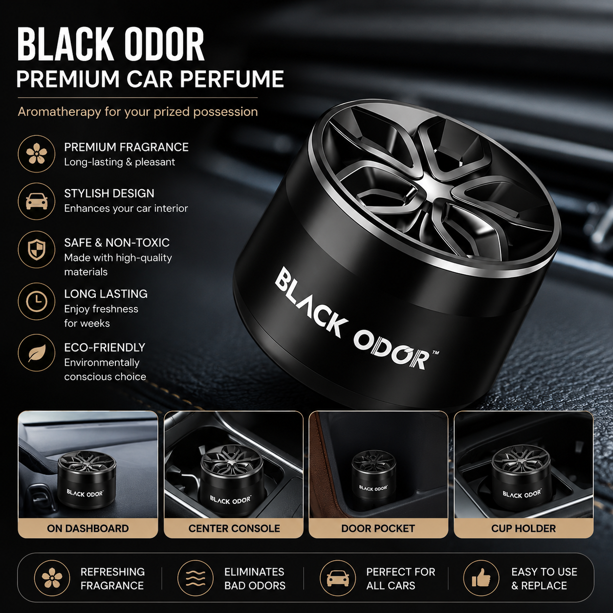 Black Odor Premium Car Air Freshener – Long Lasting Car Perfume | Luxury Dashboard & Cup Holder Fragrance | Eliminates Bad Odors