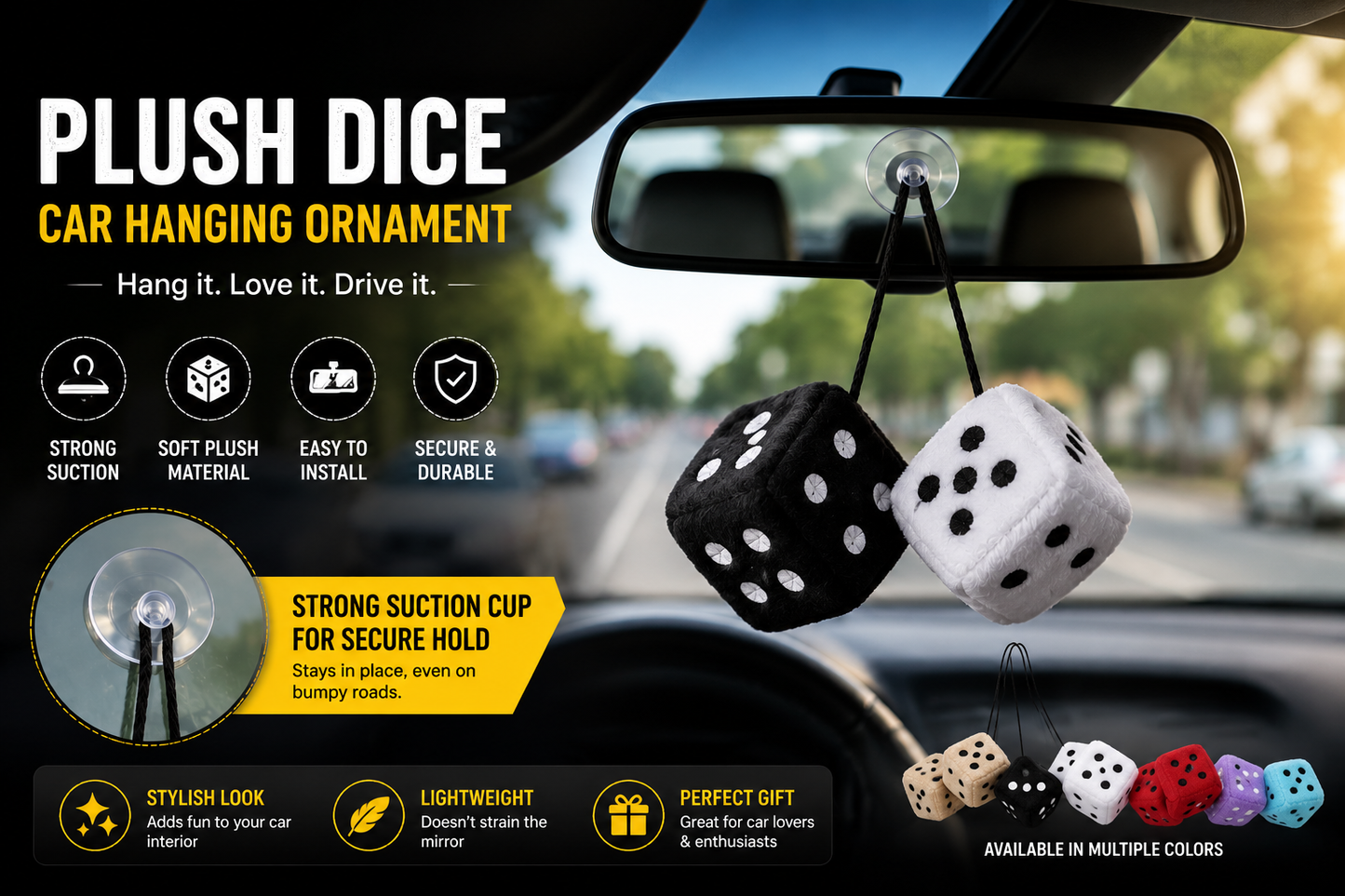 Plush Dice Car Hanging Ornament | Soft Fuzzy Hanging Dice with Suction Cup | Car Rear View Mirror Decoration | Black & White Pair