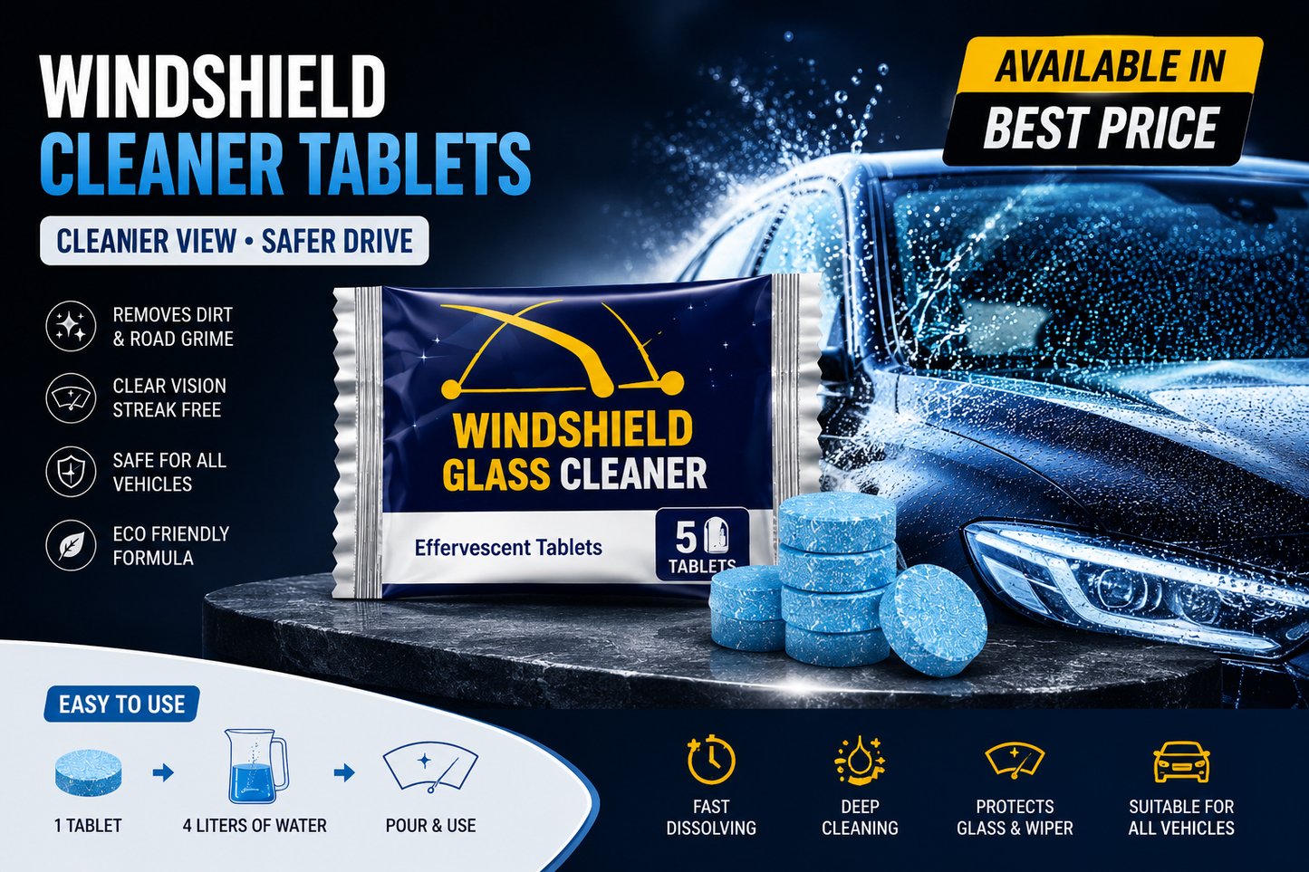 Windshield Glass Cleaner Tablets (5 Tablets) – Effervescent Car Windshield Cleaning Tablets | Streak-Free Glass Cleaner for Cars, SUVs & Trucks