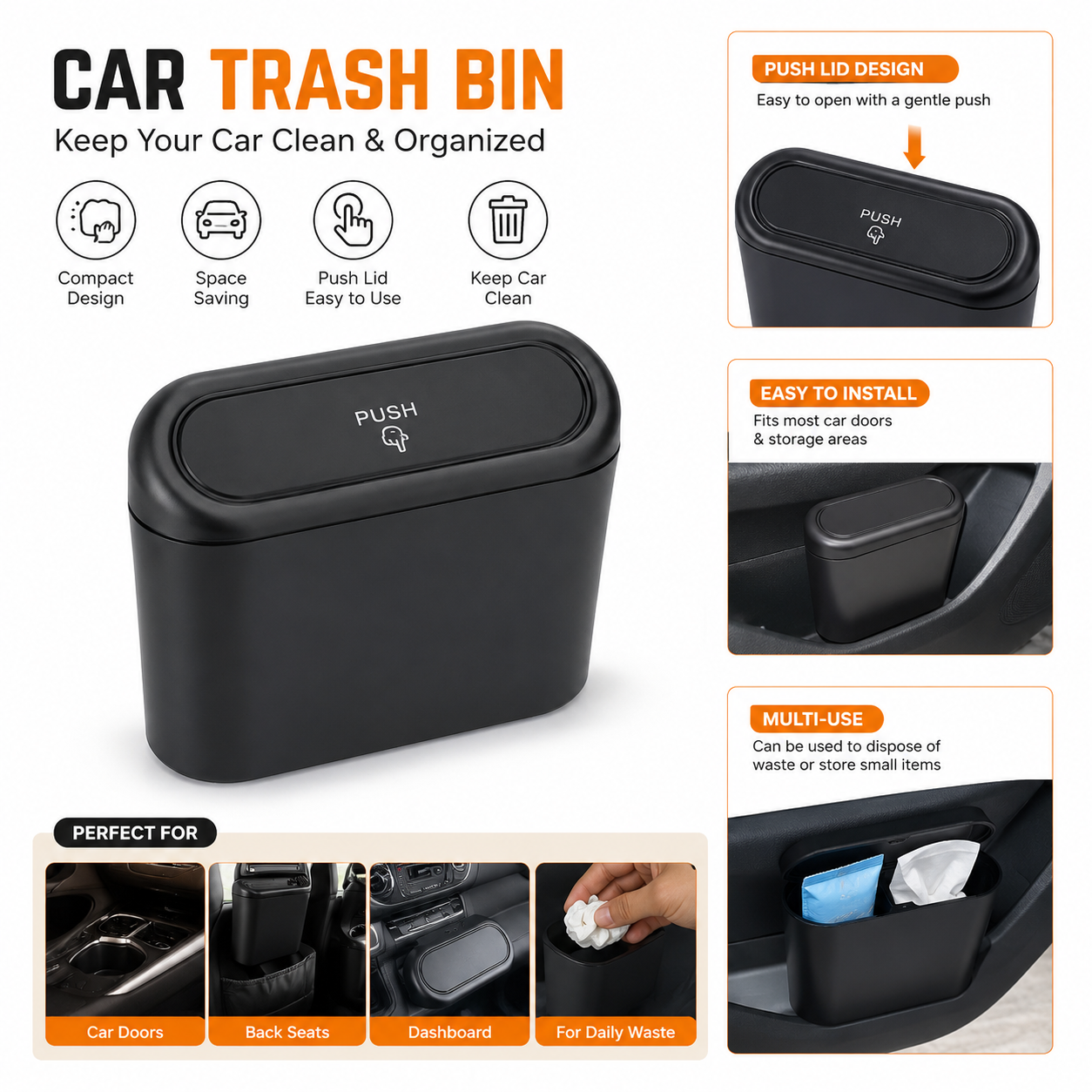 Car Trash Bin with Push Lid – Waterproof Mini Car Garbage Can | Multi-Purpose Car Door Storage Box | Self-Adhesive & Easy to Clean