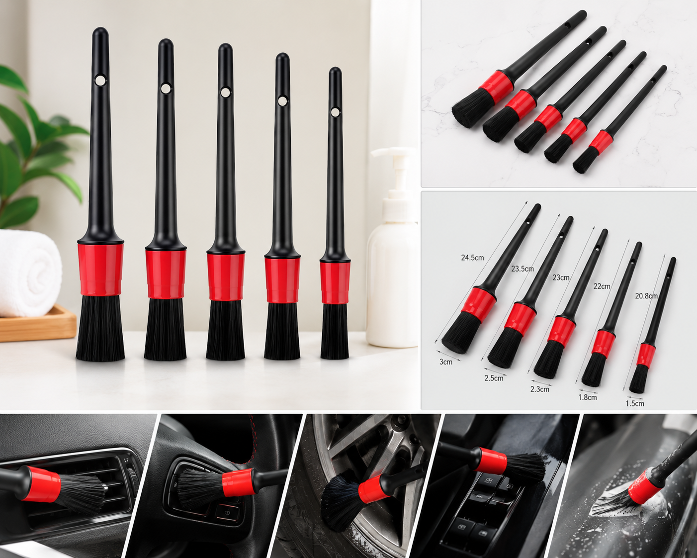 Detail Cleaning Brush Set – 5 Size Multi-Purpose Soft Bristle Car Detailing Brushes for Interior, Air Vents, Dashboard & Engine Bay