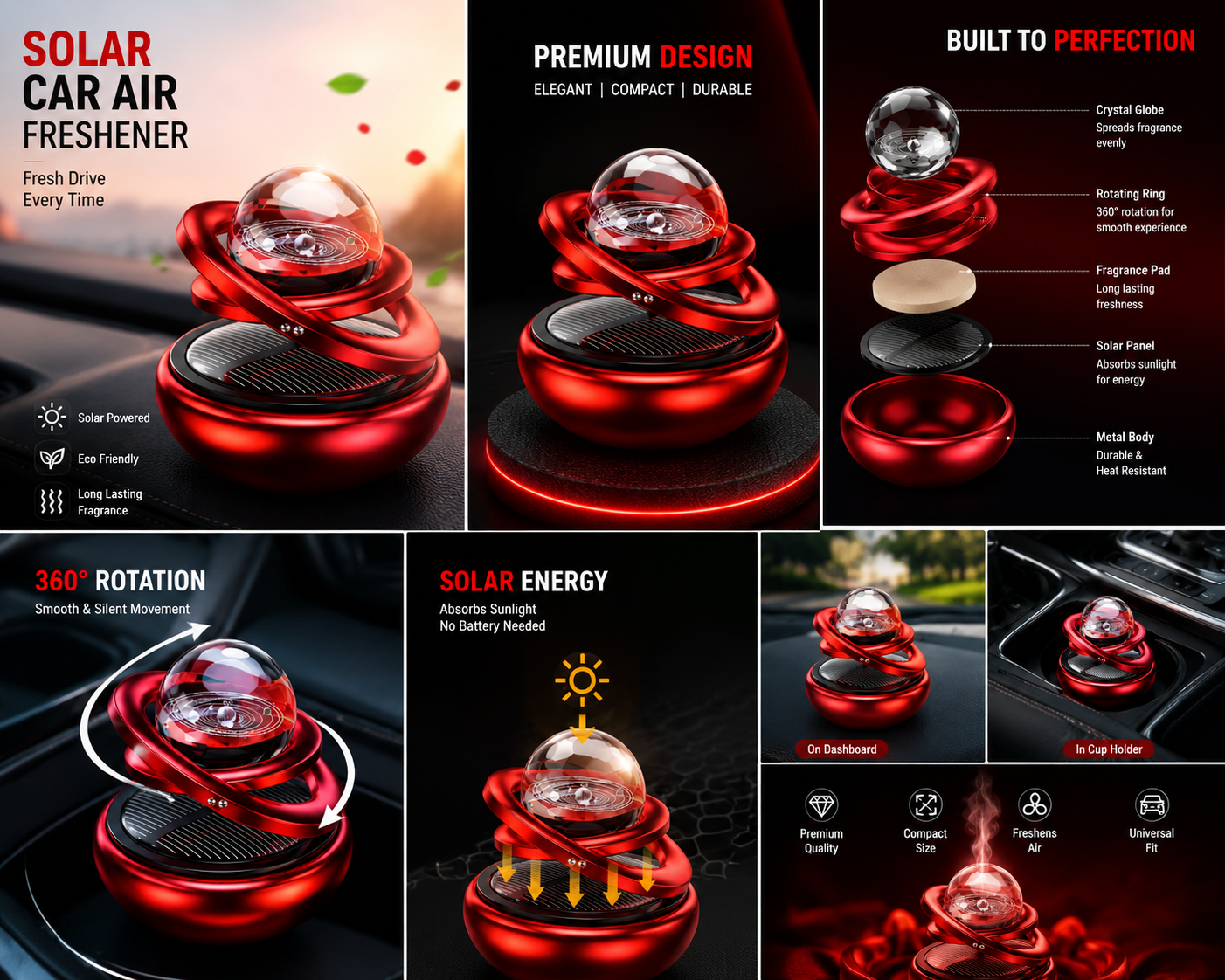 Solar Powered Rotating Car Air Freshener – 360° Auto Rotating Dashboard Perfume | Long Lasting Aromatherapy Fragrance | Premium Metal Design