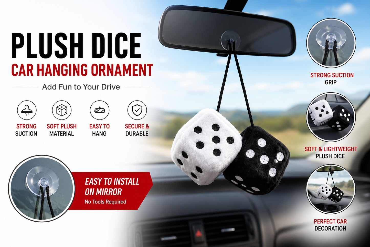 Plush Dice Car Hanging Ornament | Soft Fuzzy Hanging Dice with Suction Cup | Car Rear View Mirror Decoration | Black & White Pair