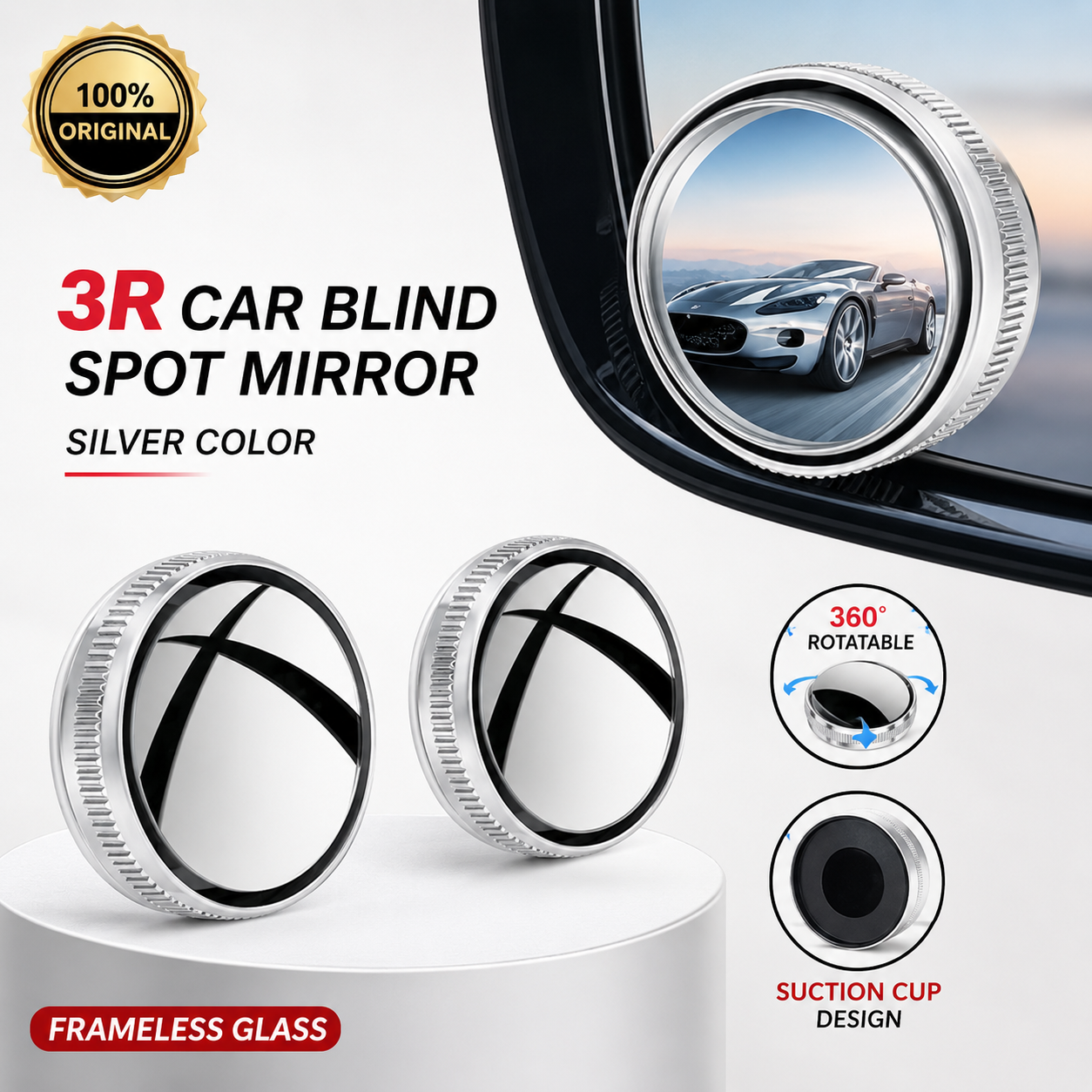 3R 360° Car Blind Spot Mirror Frameless Convex Rear View Mirror Adjustable Wide Angle Side Mirror Waterproof (2 Pcs)