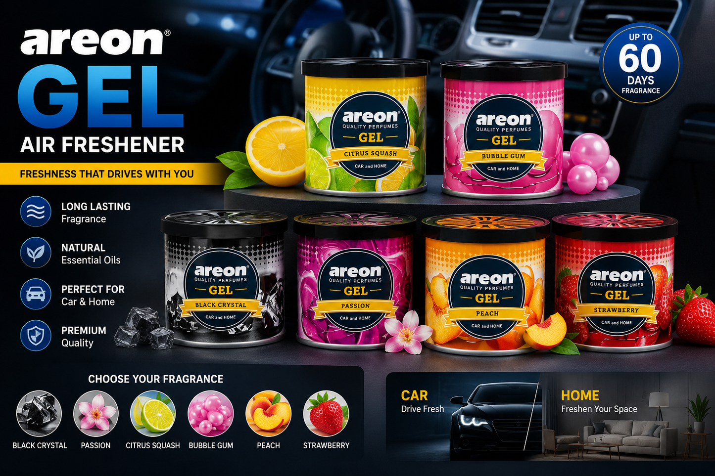 Areon Gel Air Freshener for Car & Home – Long Lasting Premium Gel Fragrance (60 Days) | Black Crystal, Passion, Citrus Squash, Bubble Gum, Peach & Strawberry