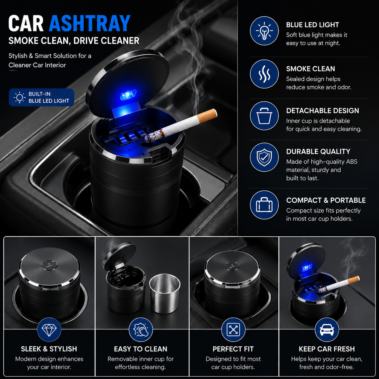 Premium Car Ashtray with Blue LED Light – Smokeless Portable Car Cup Holder Ash Tray | Detachable Inner Cup | Universal Fit | Easy to Clean | Car Interior Accessory