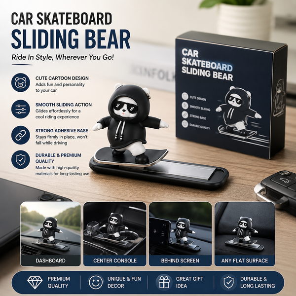 Car Skateboard Sliding Bear Dashboard Ornament – Cute Sliding Bear Car Decoration | Premium Dashboard Decor | Anti-Slip Adhesive Base