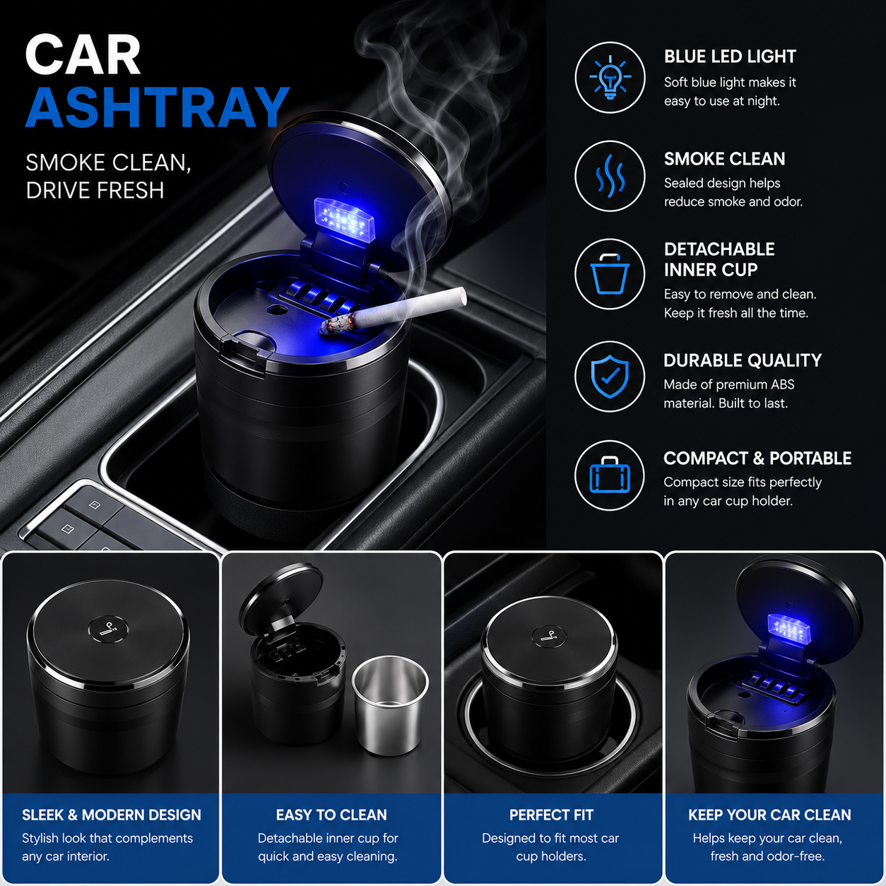 Premium Car Ashtray with Blue LED Light – Smokeless Portable Car Cup Holder Ash Tray | Detachable Inner Cup | Universal Fit | Easy to Clean | Car Interior Accessory