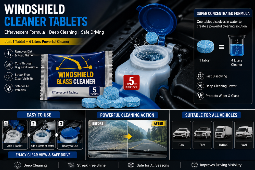 Windshield Glass Cleaner Tablets (5 Tablets) – Effervescent Car Windshield Cleaning Tablets | Streak-Free Glass Cleaner for Cars, SUVs & Trucks