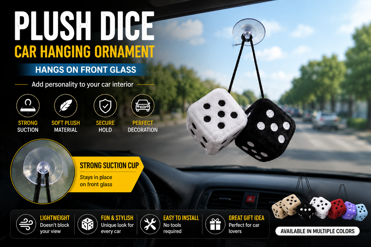 Plush Dice Car Hanging Ornament | Soft Fuzzy Hanging Dice with Suction Cup | Car Rear View Mirror Decoration | Black & White Pair