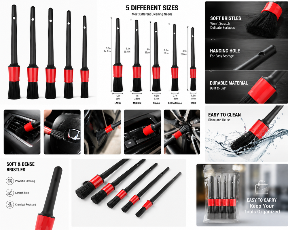 Detail Cleaning Brush Set – 5 Size Multi-Purpose Soft Bristle Car Detailing Brushes for Interior, Air Vents, Dashboard & Engine Bay