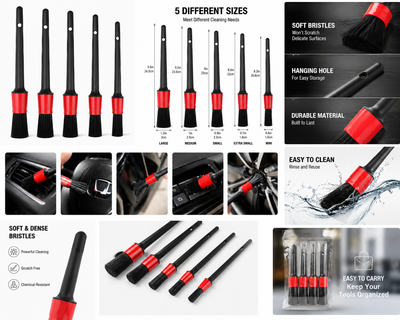 Detail Cleaning Brush Set – 5 Size Multi-Purpose Soft Bristle Car Detailing Brushes for Interior, Air Vents, Dashboard & Engine Bay