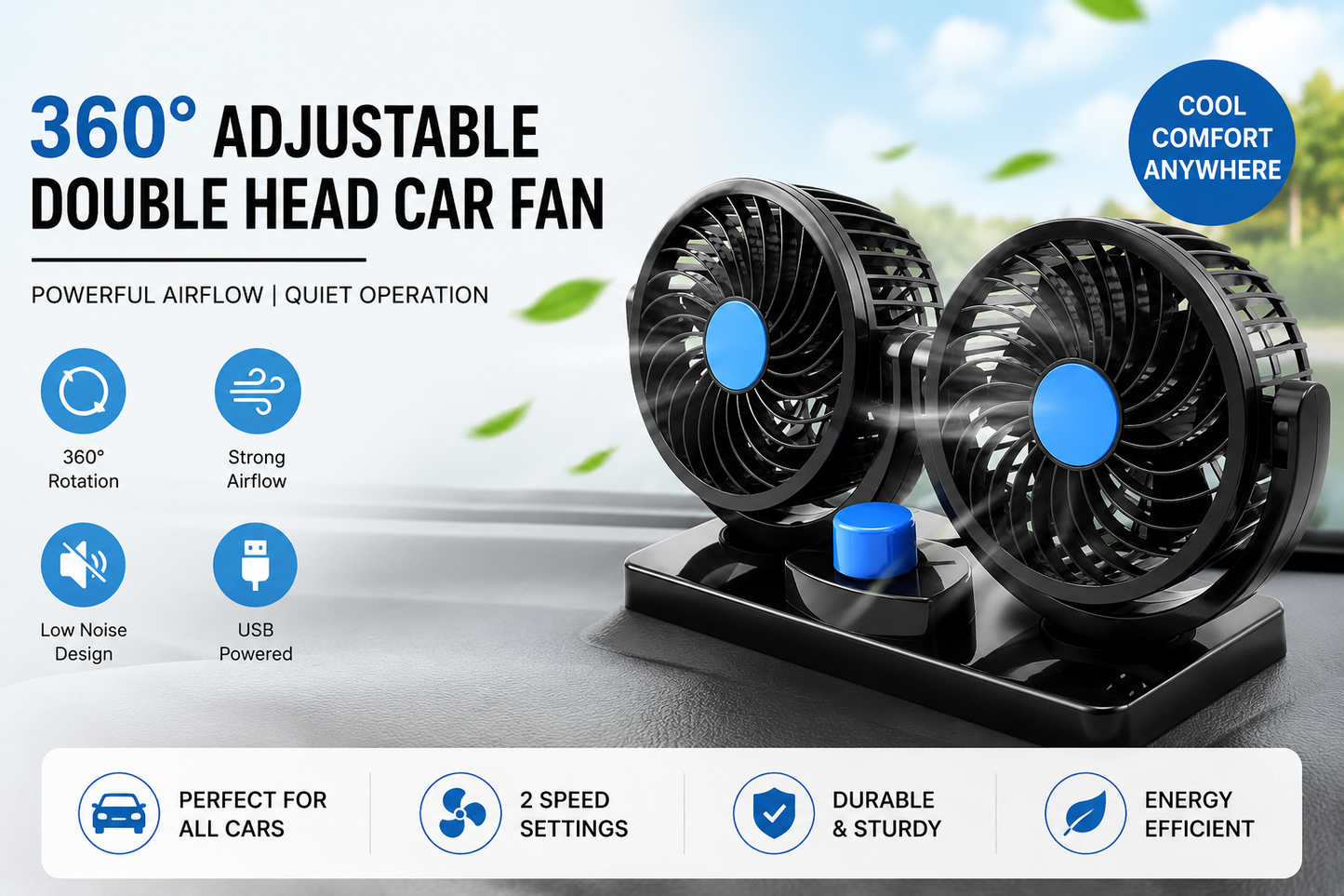 360° Adjustable Dual Head Car Dashboard Fan |  Twin Cooling Fan | Low Noise Car Air Circulator | 2 Speed Mini Cooling Fan for Car Dashboard