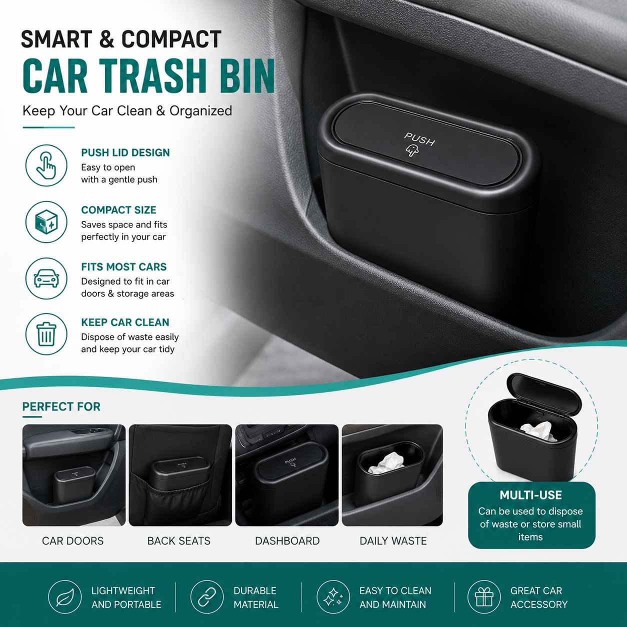 Car Trash Bin with Push Lid – Waterproof Mini Car Garbage Can | Multi-Purpose Car Door Storage Box | Self-Adhesive & Easy to Clean