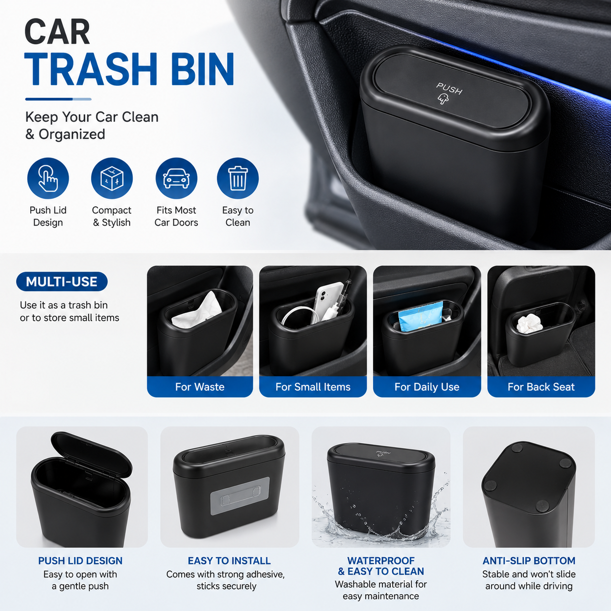 Car Trash Bin with Push Lid – Waterproof Mini Car Garbage Can | Multi-Purpose Car Door Storage Box | Self-Adhesive & Easy to Clean