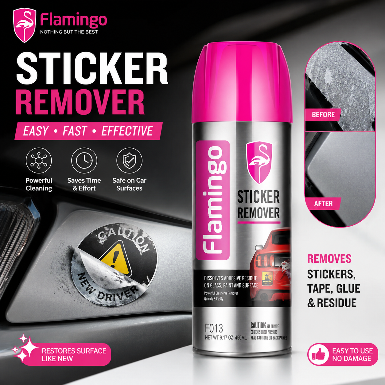 Flamingo Sticker Remover Spray 450ml – Adhesive, Glue & Label Remover | Safe for Car Paint, Glass & Metal Surfaces