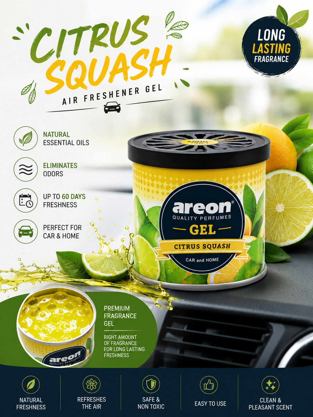 Areon Gel Air Freshener for Car & Home – Long Lasting Premium Gel Fragrance (60 Days) | Black Crystal, Passion, Citrus Squash, Bubble Gum, Peach & Strawberry