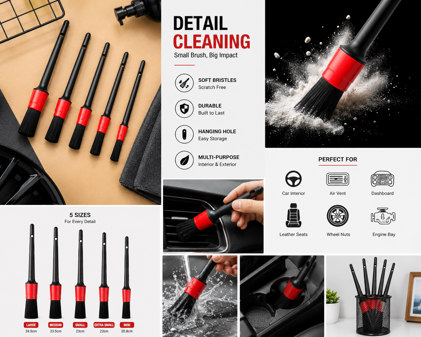 Detail Cleaning Brush Set – 5 Size Multi-Purpose Soft Bristle Car Detailing Brushes for Interior, Air Vents, Dashboard & Engine Bay