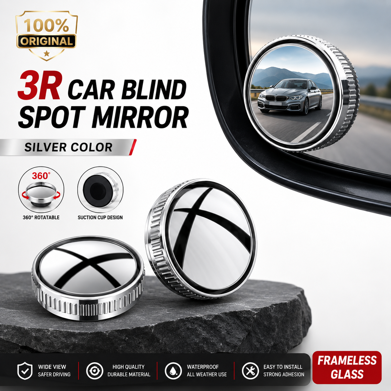 3R 360° Car Blind Spot Mirror Frameless Convex Rear View Mirror Adjustable Wide Angle Side Mirror Waterproof (2 Pcs)