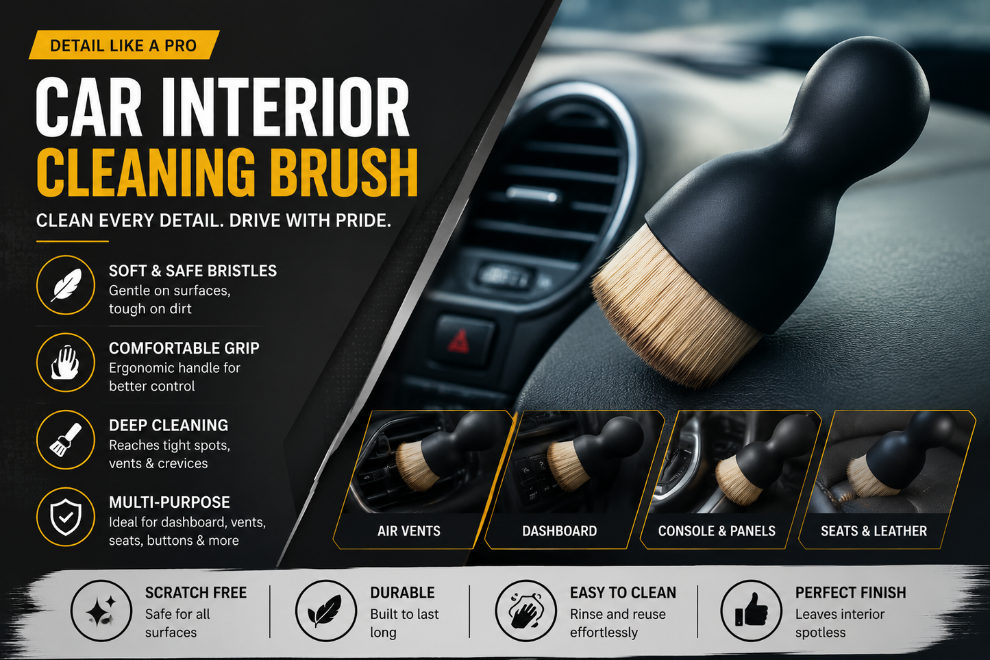 Premium Soft Bristle Car Detailing Brush – Scratch-Free Interior & Exterior Cleaning Brush
