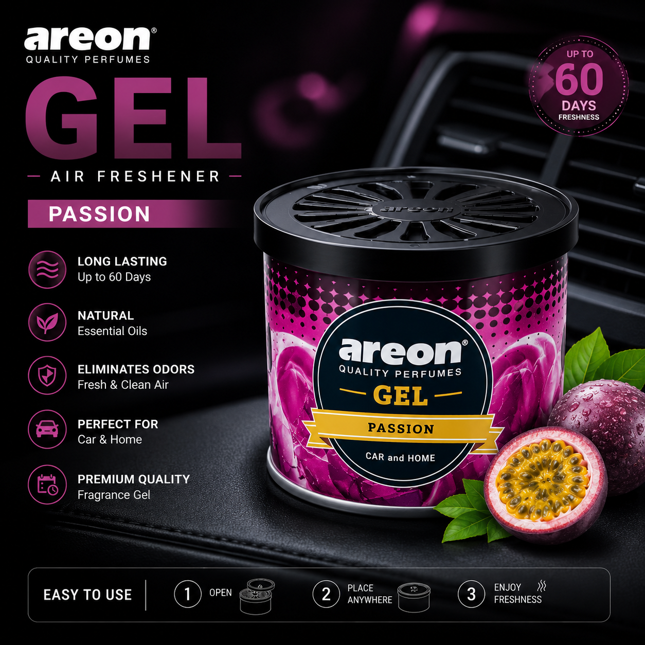 Areon Gel Air Freshener for Car & Home – Long Lasting Premium Gel Fragrance (60 Days) | Black Crystal, Passion, Citrus Squash, Bubble Gum, Peach & Strawberry