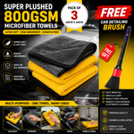 800GSM Premium Microfiber Drying Towels (Pack of 3) 40×40cm – Ultra Soft, Scratch-Free Car Cleaning Cloth + FREE Car Detailing Brush