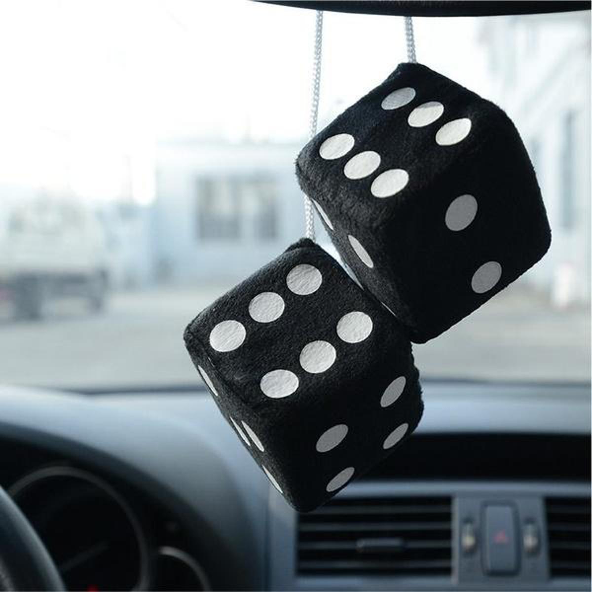 Plush Dice Car Hanging Ornament | Soft Fuzzy Hanging Dice with Suction Cup | Car Rear View Mirror Decoration | Black & White Pair