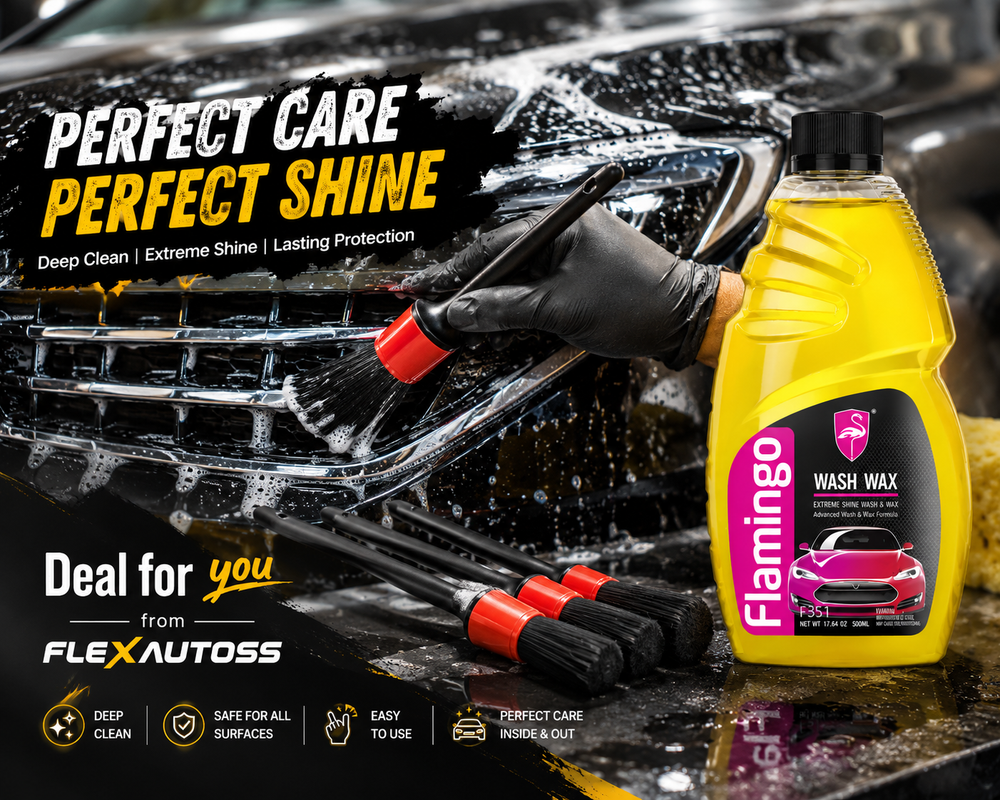 Flamingo Wash Wax + Premium Car Detailing Brush Set | Complete Car Cleaning & Shine Kit