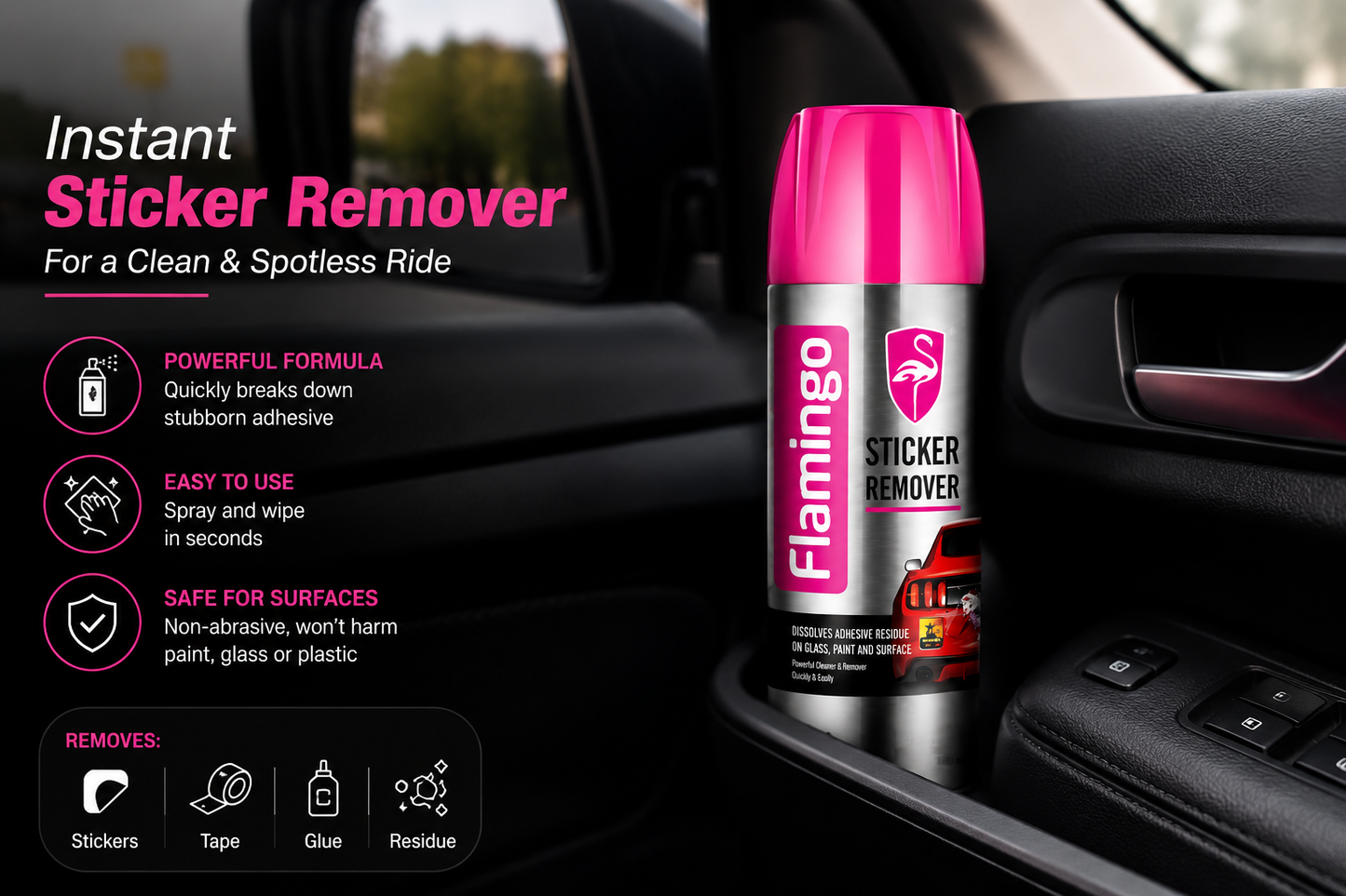 Flamingo Sticker Remover Spray 450ml – Adhesive, Glue & Label Remover | Safe for Car Paint, Glass & Metal Surfaces