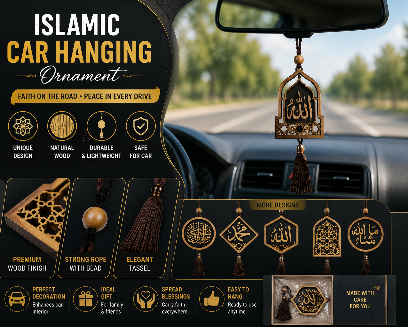 Wooden Islamic Car Hanging Ornament – Premium Dua Safar Wooden Car Pendant with Tassel
